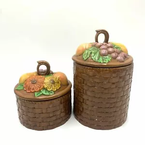 Vintage Brown Basket Weave Canister Set of 2 With Fruit and Flower Lids - Picture 1 of 6