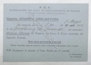 P.N.F. - Fasci Combatttimento di Torino - Biglietto: Adunata obbligatoria - 1939 - Picture 1 of 2