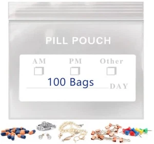 100 Pack Reusable Pill Pouches Ziplock Pill Bags for Travel Medicine Jewelry - Picture 1 of 2