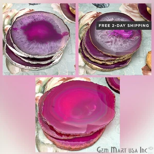 Pink Agate 2 Coasters Set Healing Crystal Druzy Geode Slices Rock Drinkware Gift - Picture 1 of 8