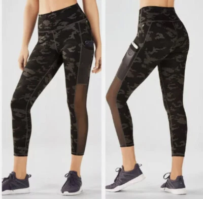 Fabletics Powerhold 紧身裤小号迷彩作物高腰网眼腿口袋女式  — 第 1/4 张图片