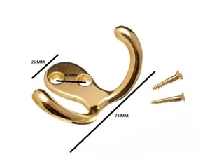Twin Hat And Robe Coat Hanger Clothes Hook Brass Plated & Screws ( Pack 4 ) - Picture 1 of 1