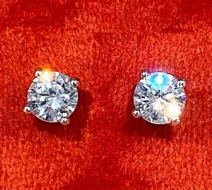 5A Cubic Zirconia 18K White Gold Plated S925 Round 4 Prong Stud Earrings - Picture 1 of 4