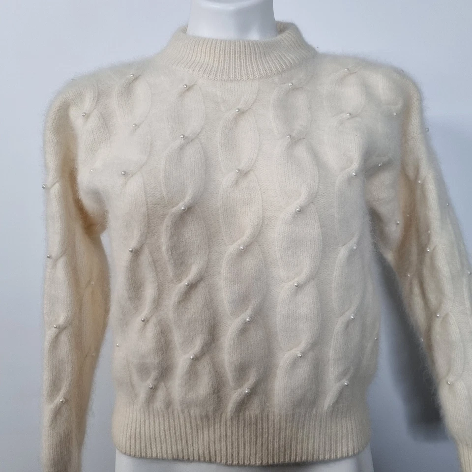 复古 Norm Thompson 象牙色毛衣 安哥拉羊羔毛 套衫 电缆 针织 串珠 S/M — 第 1/4 张图片