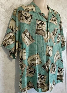 Hawaiihemd Bermuda Bay Herren 100% Seide grün braun Karten Palmen Gr. Large - Bild 1 von 12