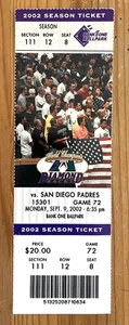 FULL TICKET-9/9/02 DBACKS-RANDY JOHNSON W#221...300'S K'S 4TH STR. YR-NL RECORD - Afbeelding 1 van 1