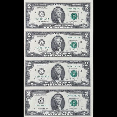 2013 $2 Uncut Sheet of 4 Sequential Notes – District C Philadelphia – CU - Image 1 of 2
