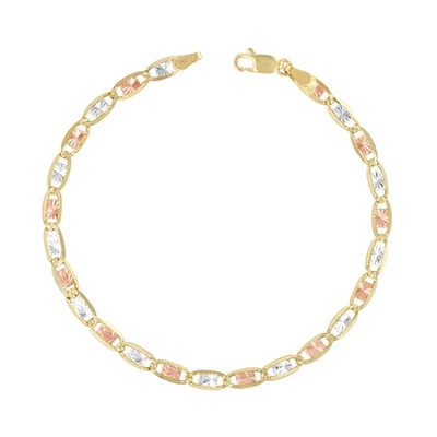 14K Solid Yellow Rose White Tri Gold 4mm Valentino Chain Womens Bracelet 8" - Image 1 of 4
