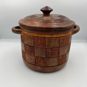 Vintage Carved Wooden Pot Container with Lid Handles Brown Rustic Home Decor - Picture 1 of 12