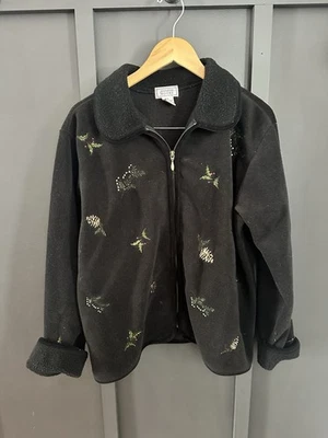 Jennifer Moore fleece jacket a sherpa collar and embroidered holiday motifs Sz M - Image 1 of 4