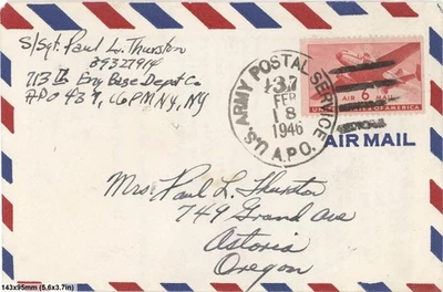 1946 APO 437 Airmail Cover US Army Postal Service to Oregon 6c DC-4 Stamp - Image 1 of 3