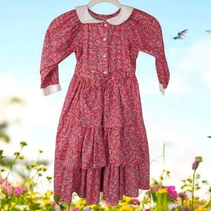 1980s Mousefeathers Red Floral Prairie Dress Girls Size 6 Cottagecore Vintage - Picture 1 of 12