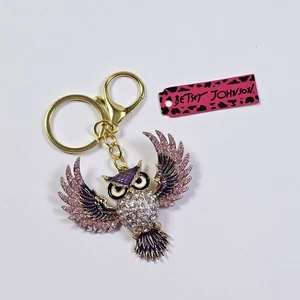 Betsey Johnson lila & klar Strass Eule Tasche Swag Glitzer Schlüsselanhänger Clip Anhänger - Bild 1 von 4