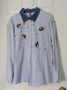 Vintage Holiday Time Weihnachten Pinguine Knopf Shirt Damen 2x blau bestickt 90er - Bild 1 von 8