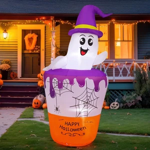 5.5 FT Halloween Inflatables Ghost with Barrel Outdoor Decorations Blow up Yard - Picture 1 of 6