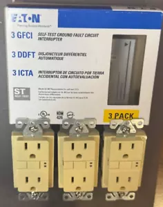 GFCI Outlet Receptacle EATON SGF15V 3 Ivory Duplex 15 A SELF TEST (BOX OF 3) NEW - Picture 1 of 5