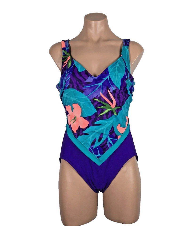 Traje de baño ajustado de una pieza de baño de colección años 80 floral neón floral sujetador incorporado talla 14 Foto 1 de 4