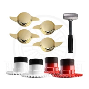 2 Ear Swept Gold KO Spinner Caps + Adapters for Lowriders | Set of 4 + Hammer - Picture 1 of 86