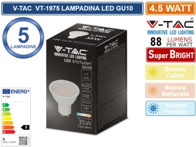 CONFEZIONE 5 PEZZI V-TAC VT-1975 LAMPADINA LED GU10 4,5W FARETTO SPOTLIGHT 100°