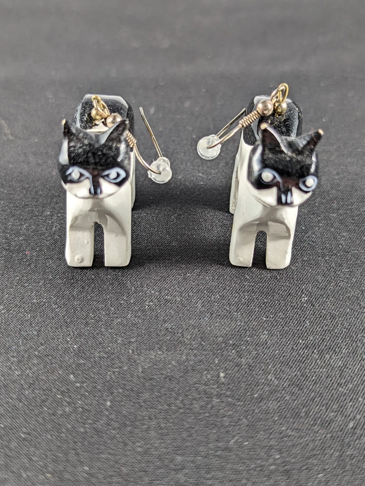 Manx cat earrings black/white hand-painted - Image 1 of 4