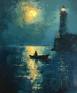 Night Lighthouse Boat Gold Moon Paint Wall Art Canvas Unframed Print Art - Picture 1 of 2