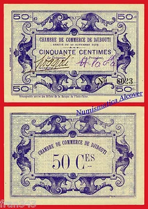 DJIBOUTI FRENCH SOMALILAND 50 cents centimes 1919 Pick 23 SC- / AUNC - Picture 1 of 1