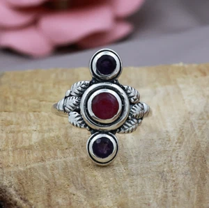 Natural Ruby And Amethyst Ring Round Gemstone Ring Multi Three Stone Ring - Picture 1 of 7
