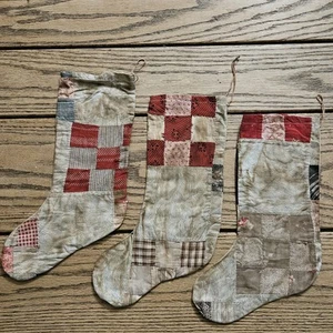 Primitive Antique Patchwork Quilt Christmas Stockings Set Of 3 Farmhouse - Picture 1 of 10