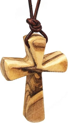 Hand Carved Tapered Wooden Cross Necklace for Men & Women on Adjustable Brown  - Image 1 of 4