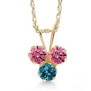 14K Yellow Gold Fancy Pink Zirconia and London Blue Topaz 3-Stone Pendant - Picture 1 of 4