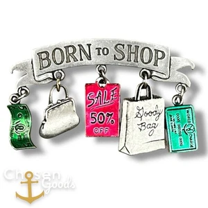 Vtg JJ Pin Born To Shop Pin Dangling Charms Pewter & Enamel Brooch Signed 1980s - Picture 1 of 6