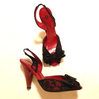 Joey туфли женщин размер 6,5 черный красный винтажный высокий каблук бант кружева VEGAS СЕКСУАЛЬНЫЙ - Изображение 1 из 4