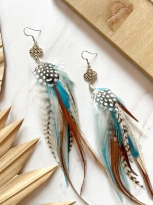 Pendientes de Pluma Turquesa, Pendientes Boho, Conjunto de Festival, Conjunto de Fiesta en Playa Foto 1 de 4