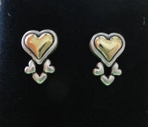 Ohrstecker Sterlingsilber & 14 Karat Gold 12 x 8 mm Puffy Herz mit 3 Herzen - Bild 1 von 5