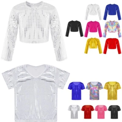 Kids Gymnastic Dance Crop Tops Shiny Sequins Jazz T-Shirt Stage Party Dancewear - Image 1 of 3