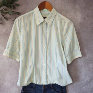 Blusa limitada para mujer grande azul marfil a rayas manga corta cuello abotonado - Imagen 1 de 7