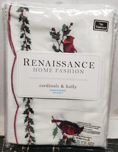 1 Fabric Embroidered Kitchen Valance (58"x12") CHRISTMAS, CARDINALS & HOLLY, RHF - Picture 1 of 9