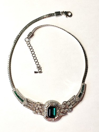 DIOR SPLENDIDA COLLANA VINTAGE PLACCATA IN RODIO STILE ART DECO REVIVAL VERDE CRIS