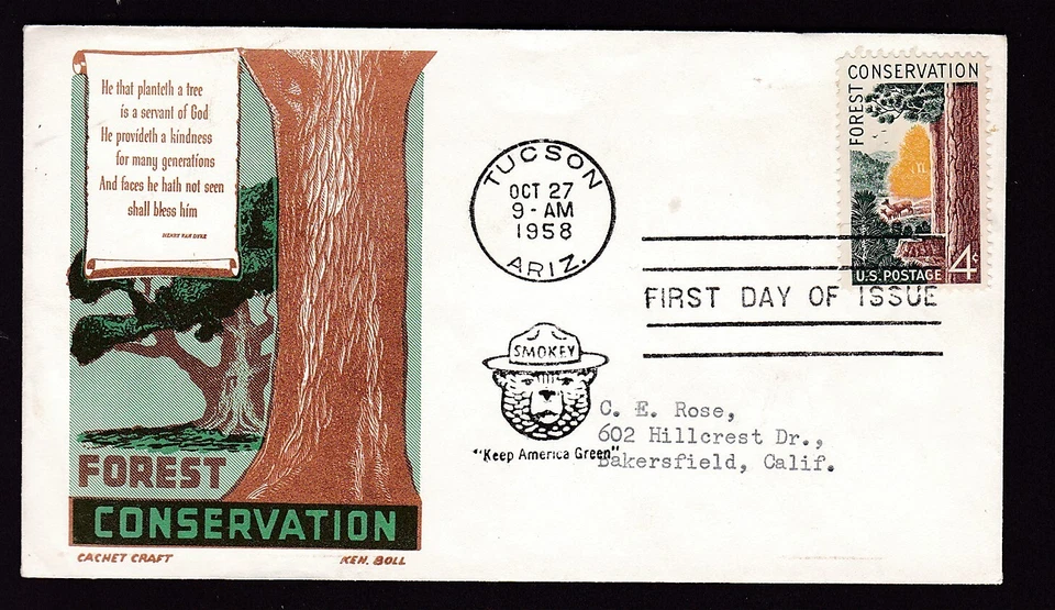 SMOKE BEAR - FOREST CONSERVATION "KEEP AMERICA GREEN" F.D.C., 1958 - Image 1 of 1