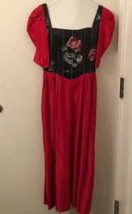 vintage Richeline ball gown dress Red Satin black beaded sequin Floral bodice - Picture 1 of 12
