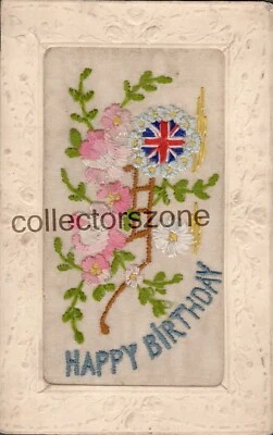 WW1 Silk Postcard Happy Birthday Union Flag Message To Sweetheart On Back - Image 1 of 2