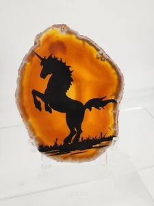 Agate Slice Unicorn Painted Black Silhouette 4 in x 3 in - Picture 1 of 8
