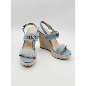 Sandali bicolore Michael Kors canna tela zeppa logo MK blu taglia 9 M - Foto 1 di 10