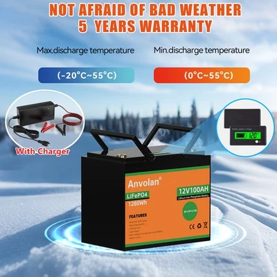 ANVOLAN Batería 12V 100Ah LiFePO4 Batería Litio con Cargador Litio-Fosfato de Hierro