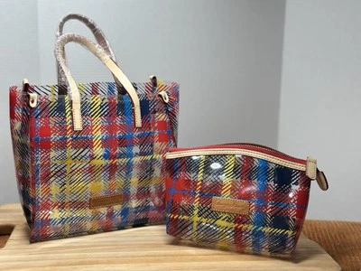 Dooney & Bourke Clear Red Blue Yellow Plaid Bag Purse Tote Stadium Hand Makeup - Image 1 of 4