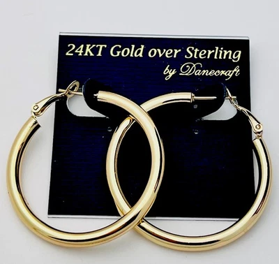 DaneCraft 24KT Gold Over 925 Sterling Silver Tube Hoop Pierced Earrings - Image 1 of 4