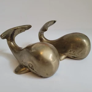 Vintage Solid Brass Whales Paperweights Curled Tail 3" Nice! See Description! - Picture 1 of 19