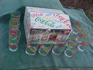 1987 Coca Cola 12-teiliges Indiana Glas buntes Getränkeset Original offene Schachtel Cola - Bild 1 von 10