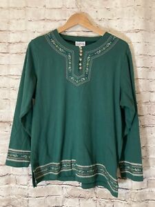 Vintage Bon Worth Top Womens Large Forest Green Embroidered Beaded Paisley