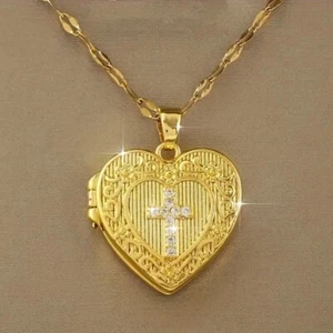 Golden Heart-Shaped Photo 18k Gold Plated Locket Copper Necklace Jewelry Gift - Picture 1 of 7